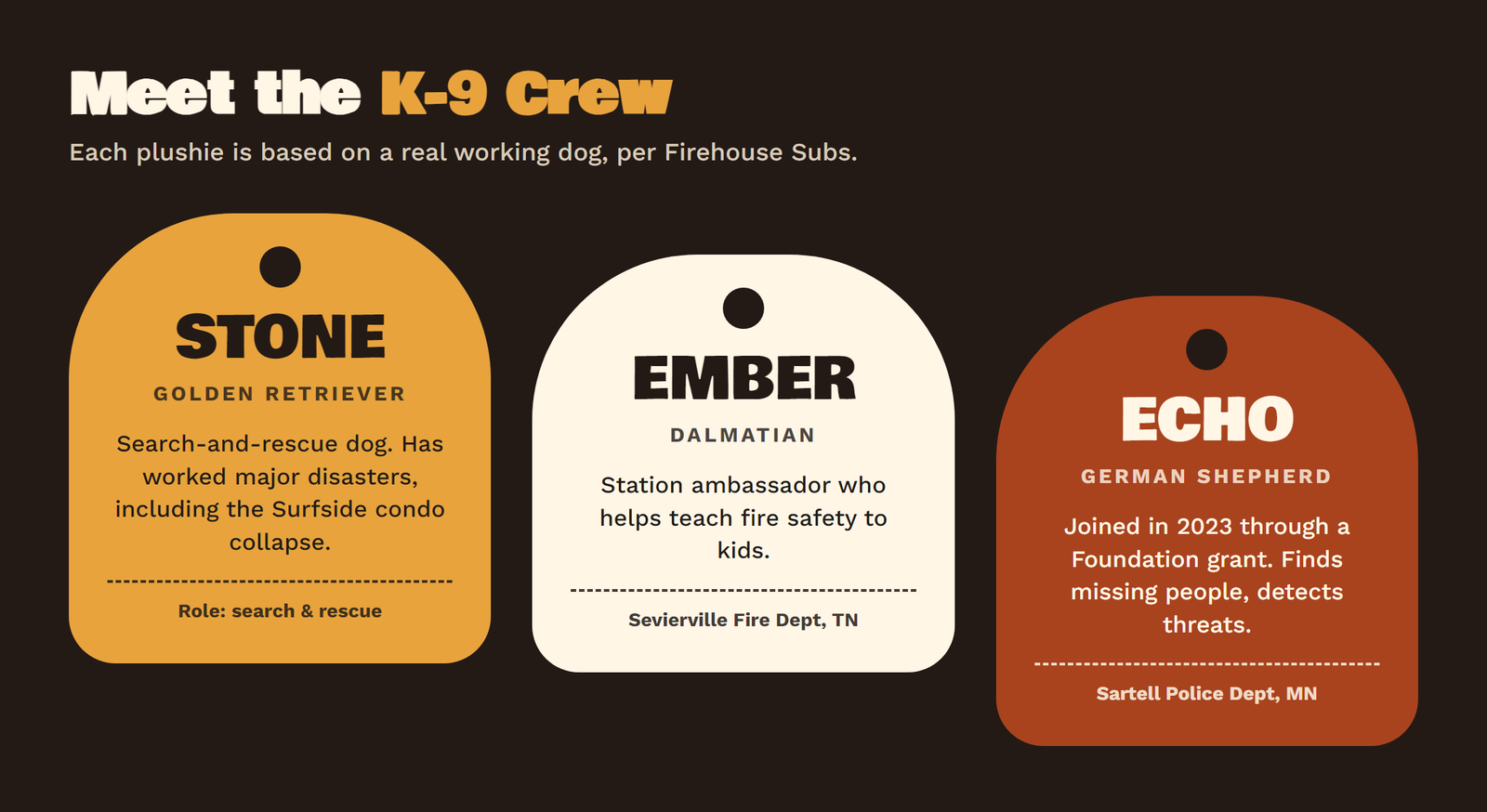 Firehouse Subs K-9 Crew dog tags: Stone the Golden Retriever search and rescue dog, Ember the Dalmatian from Sevierville Fire Department in Tennessee, and Echo the German Shepherd from Sartell Police Department in Minnesota