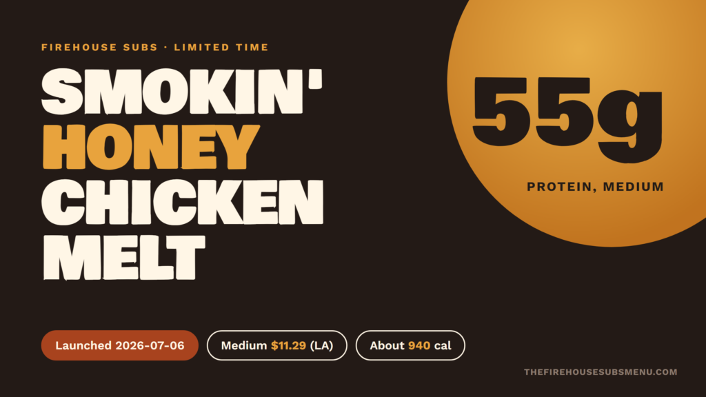 Firehouse Subs Smokin' Honey Chicken Melt price and calories card